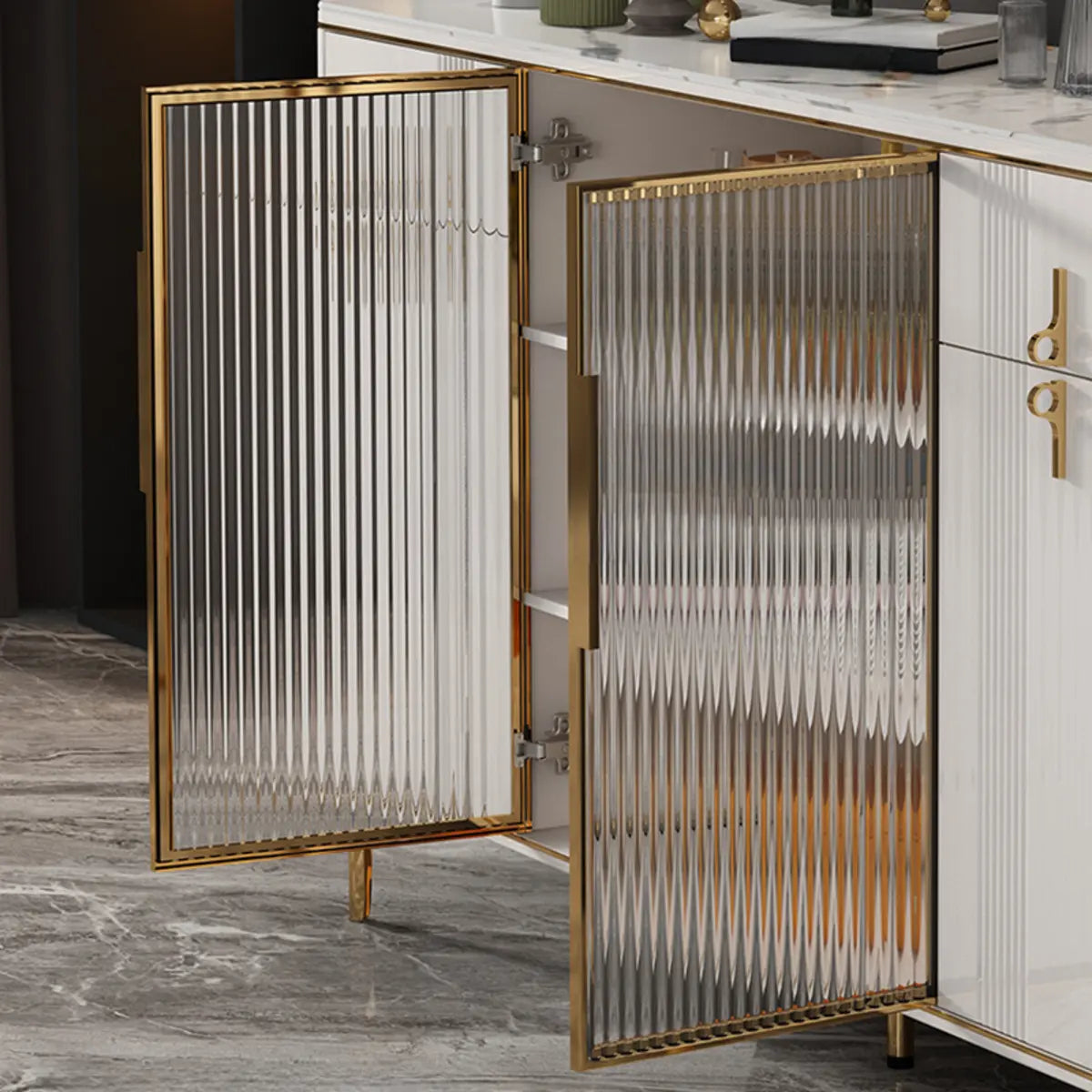 Freestanding Stone Top White Buffet with Drawers and Shelves Image - 12