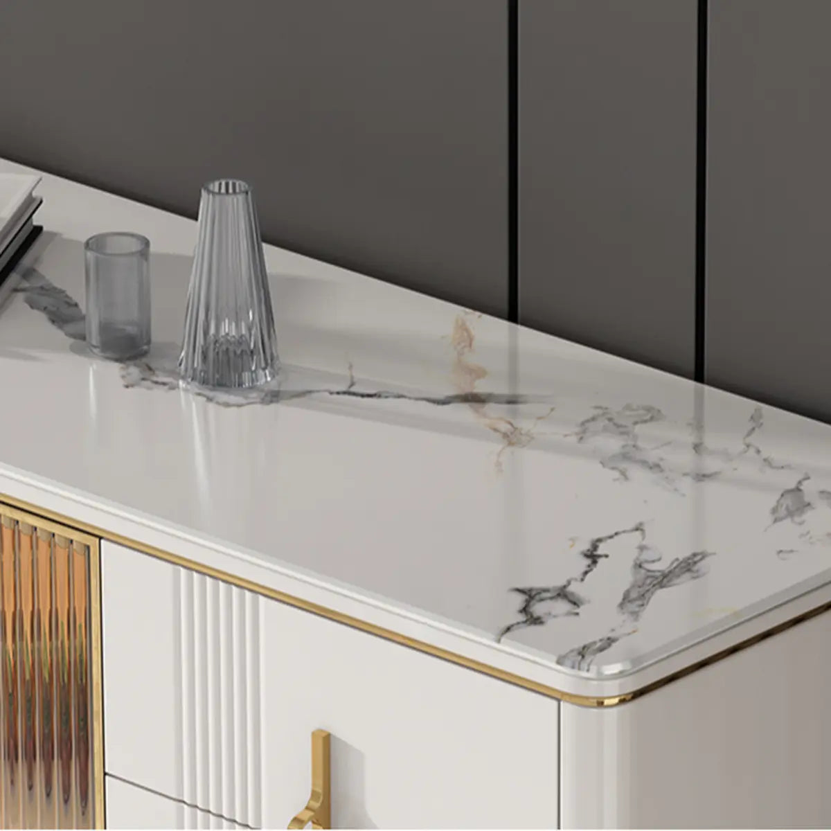 Freestanding Stone Top White Buffet with Drawers and Shelves Image - 13