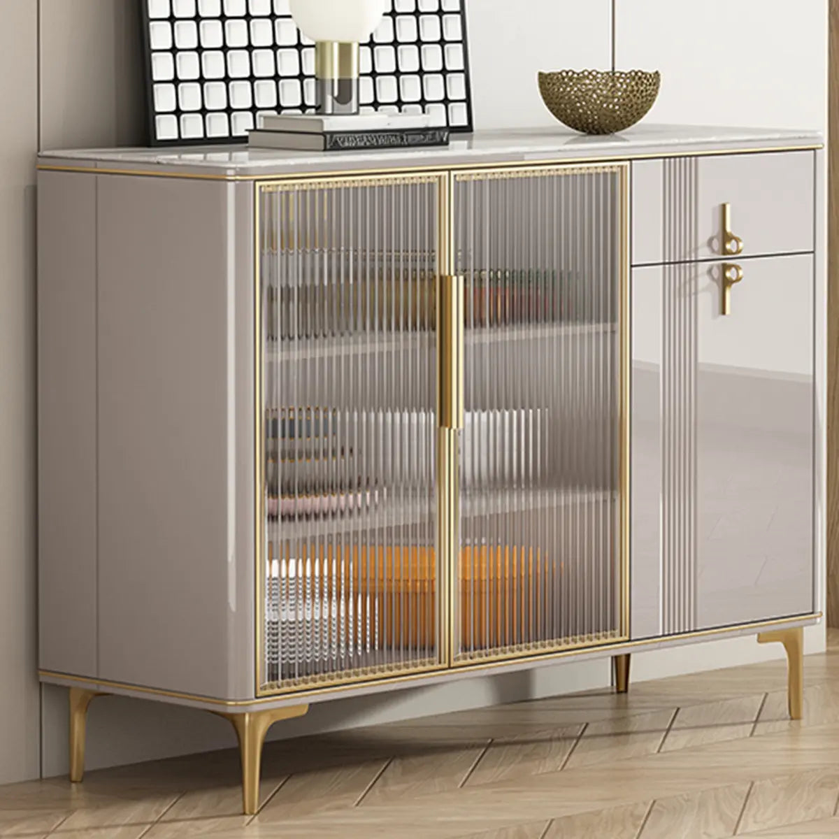 Freestanding Stone Top White Buffet with Drawers and Shelves Image - 14