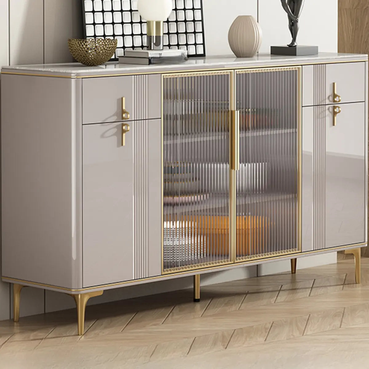 Freestanding Stone Top White Buffet with Drawers and Shelves Image - 15