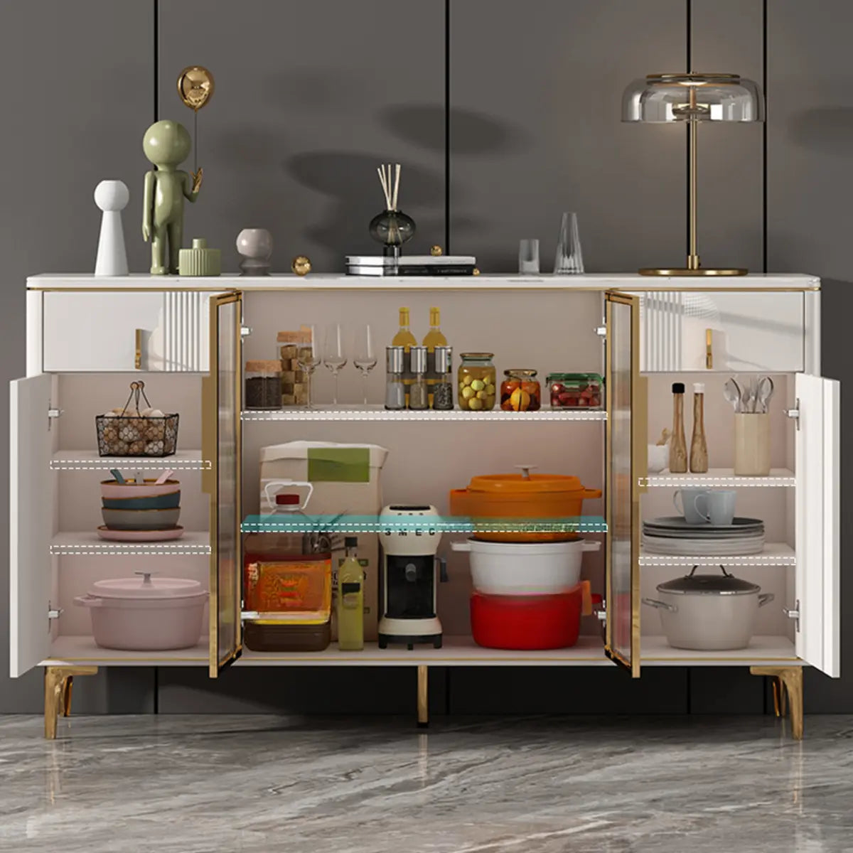 Freestanding Stone Top White Buffet with Drawers and Shelves Image - 16