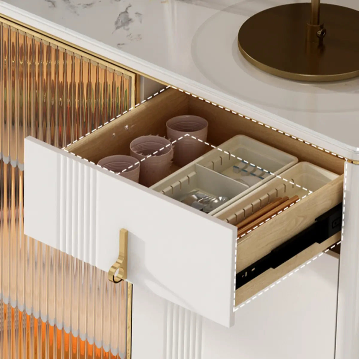 Freestanding Stone Top White Buffet with Drawers and Shelves Image - 17