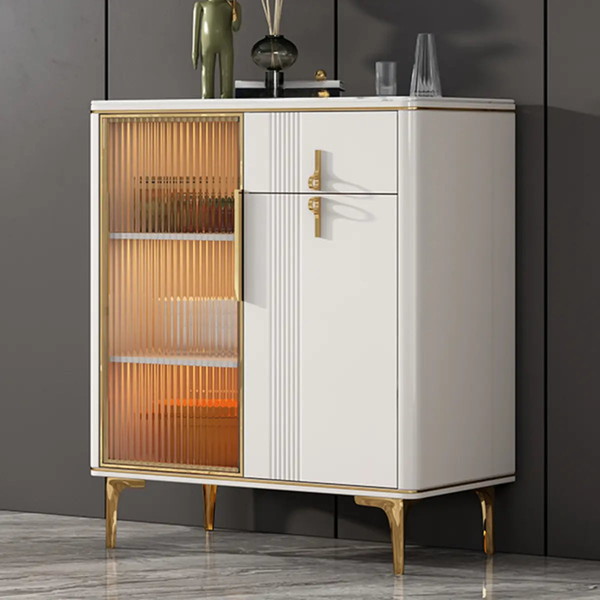 Freestanding Stone Top White Buffet with Drawers and Shelves Image - 2