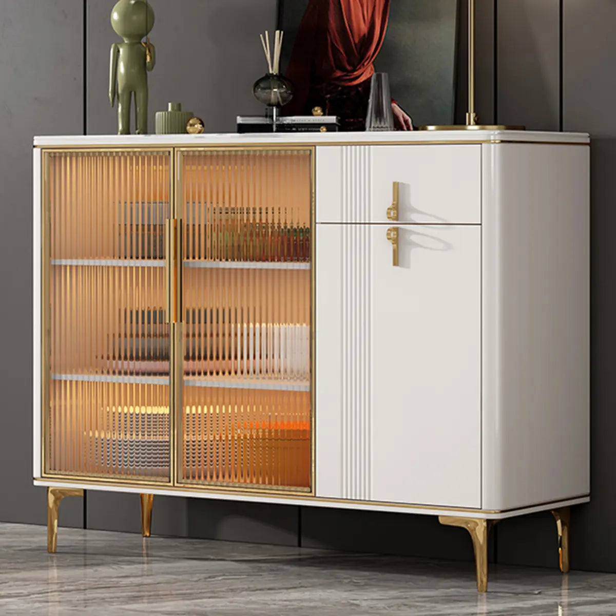 Freestanding Stone Top White Buffet with Drawers and Shelves Image - 3