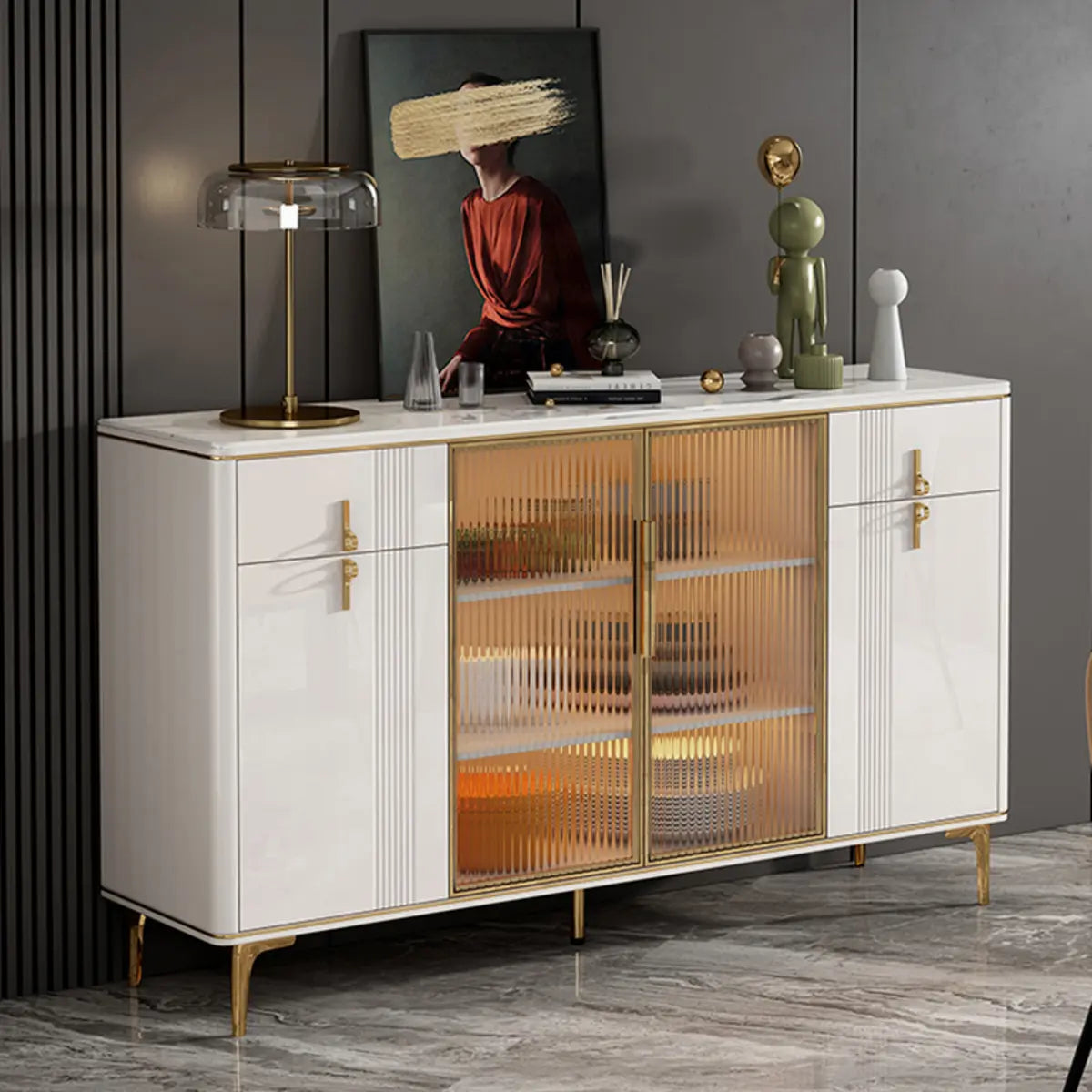 Freestanding Stone Top White Buffet with Drawers and Shelves Image - 4