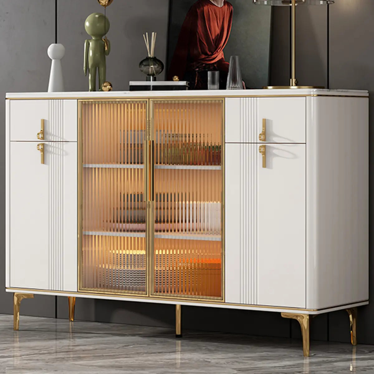 Freestanding Stone Top White Buffet with Drawers and Shelves Image - 5