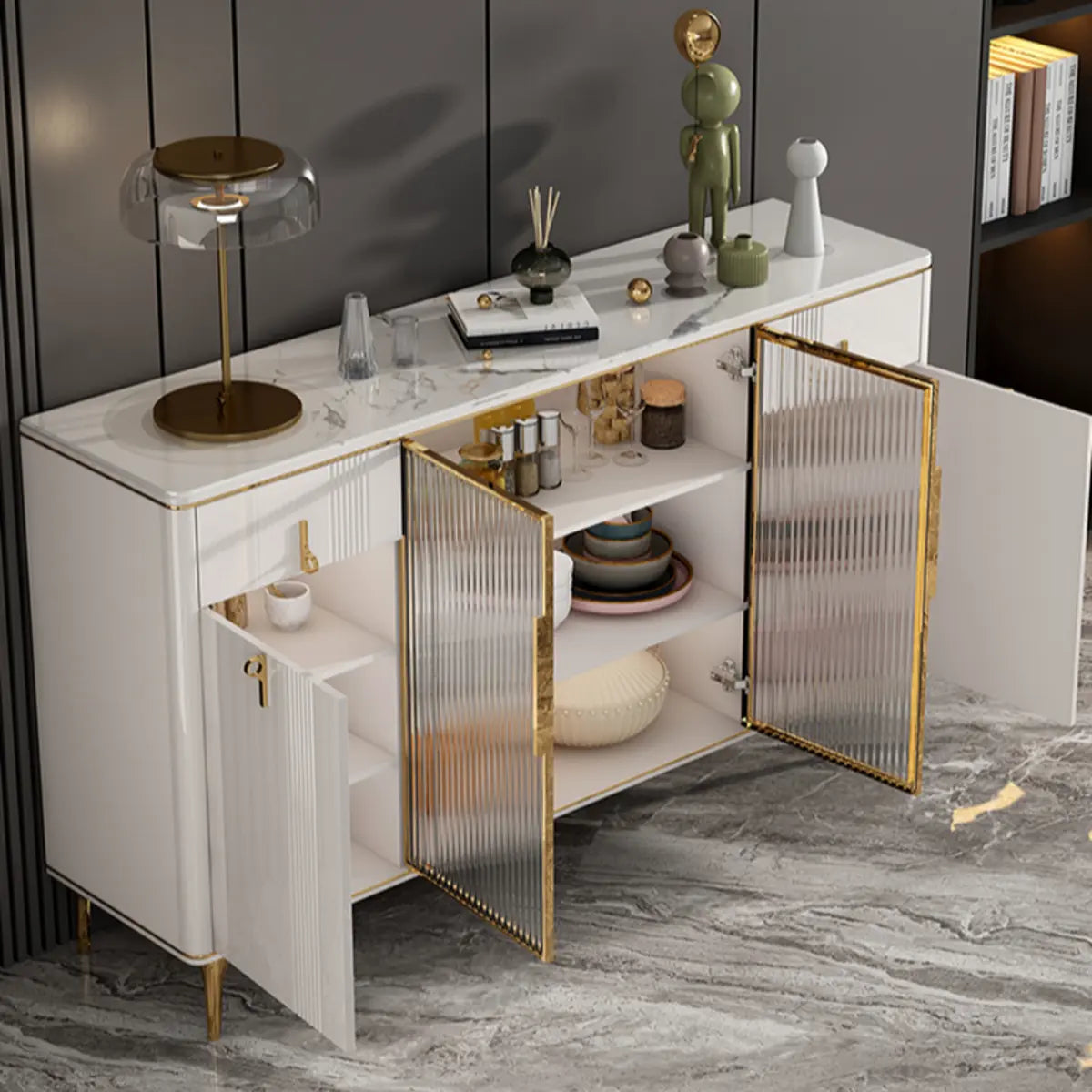 Freestanding Stone Top White Buffet with Drawers and Shelves Image - 6