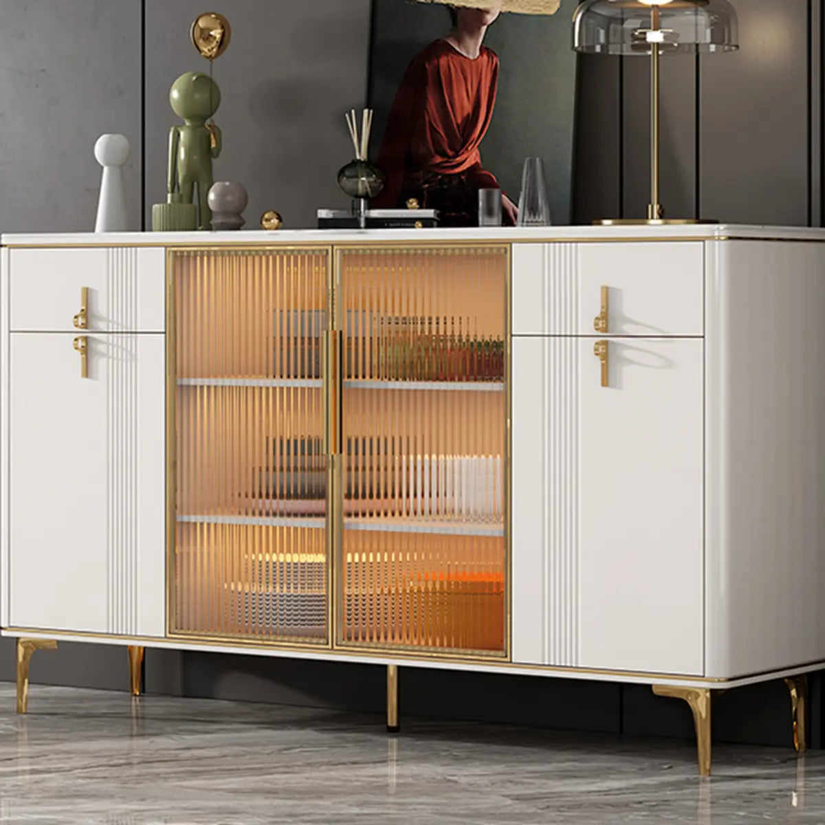 Freestanding Stone Top White Buffet with Drawers and Shelves Image - 7