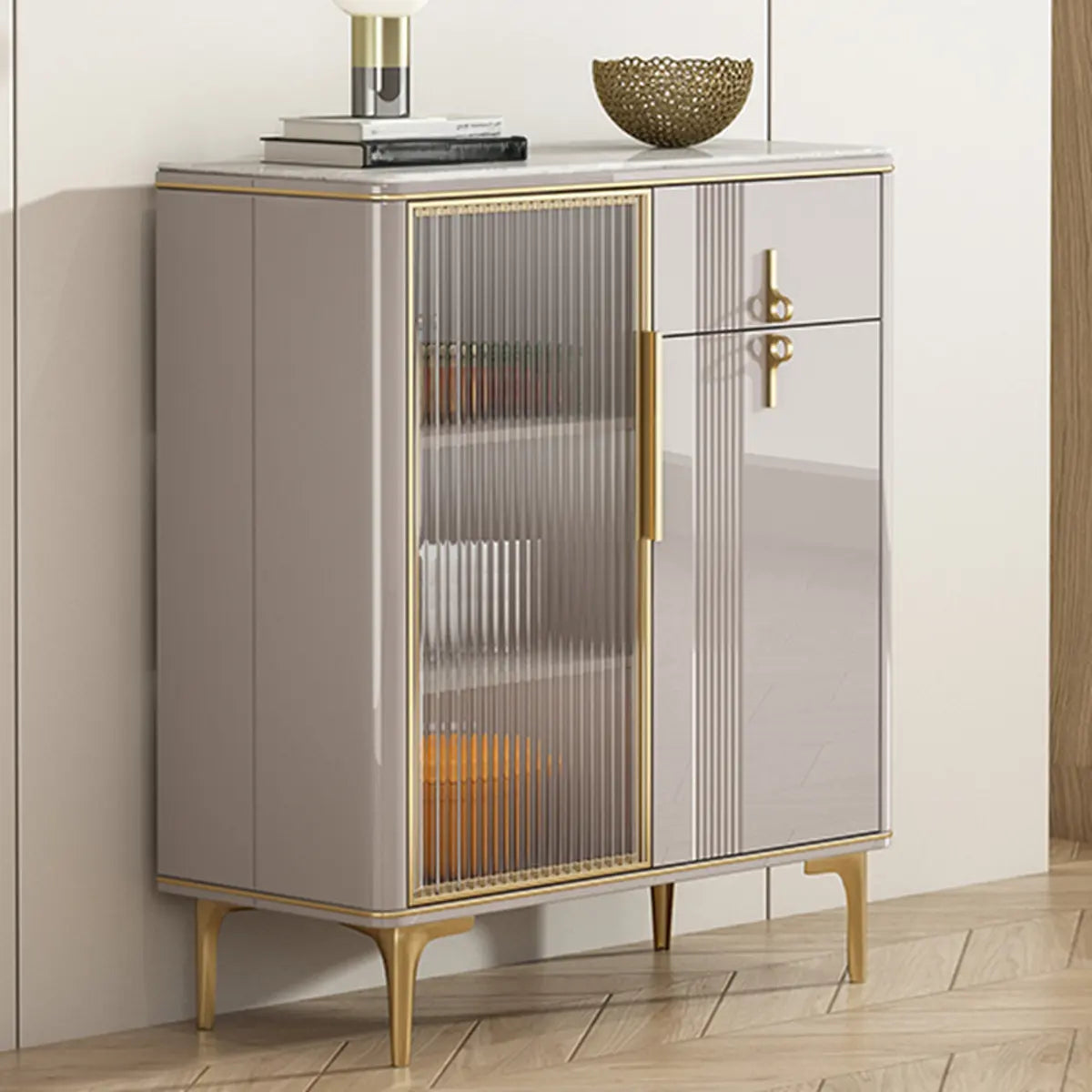 Freestanding Stone Top White Buffet with Drawers and Shelves Image - 9