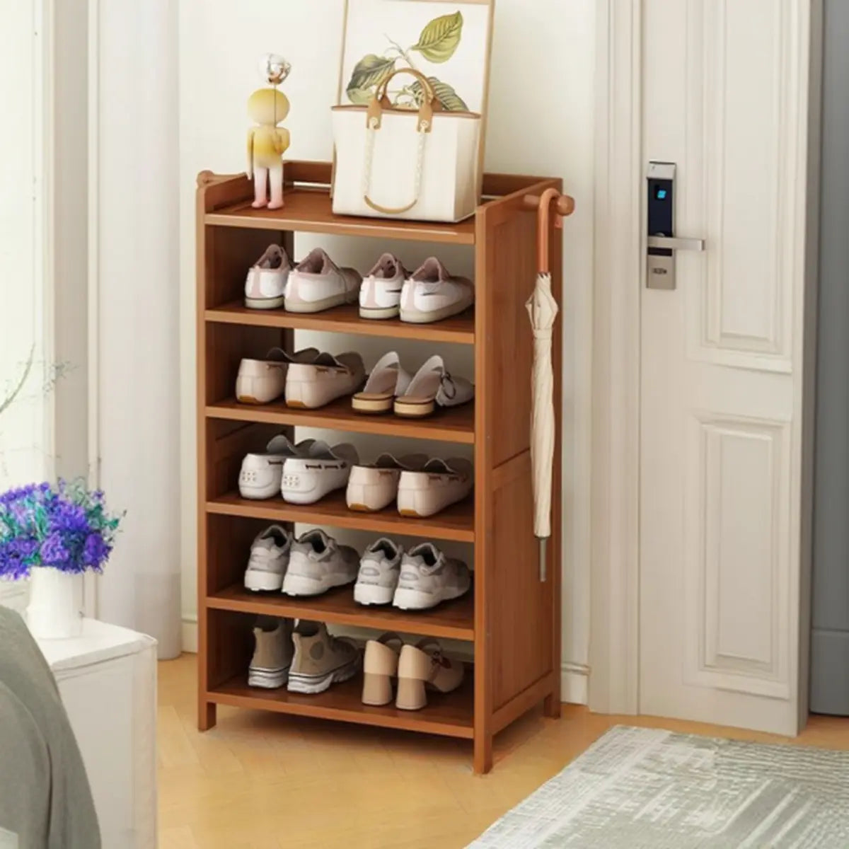 Freestanding Tall Wooden Entryway Brown Storage Shoe Rack Image - 1