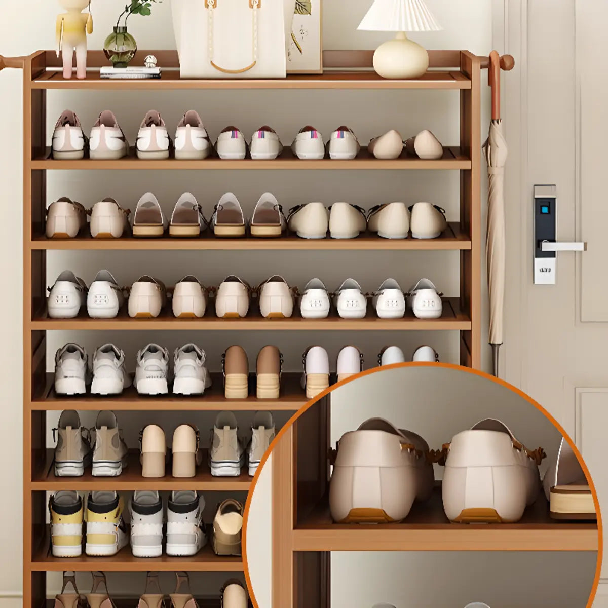 Freestanding Tall Wooden Entryway Brown Storage Shoe Rack Image - 10