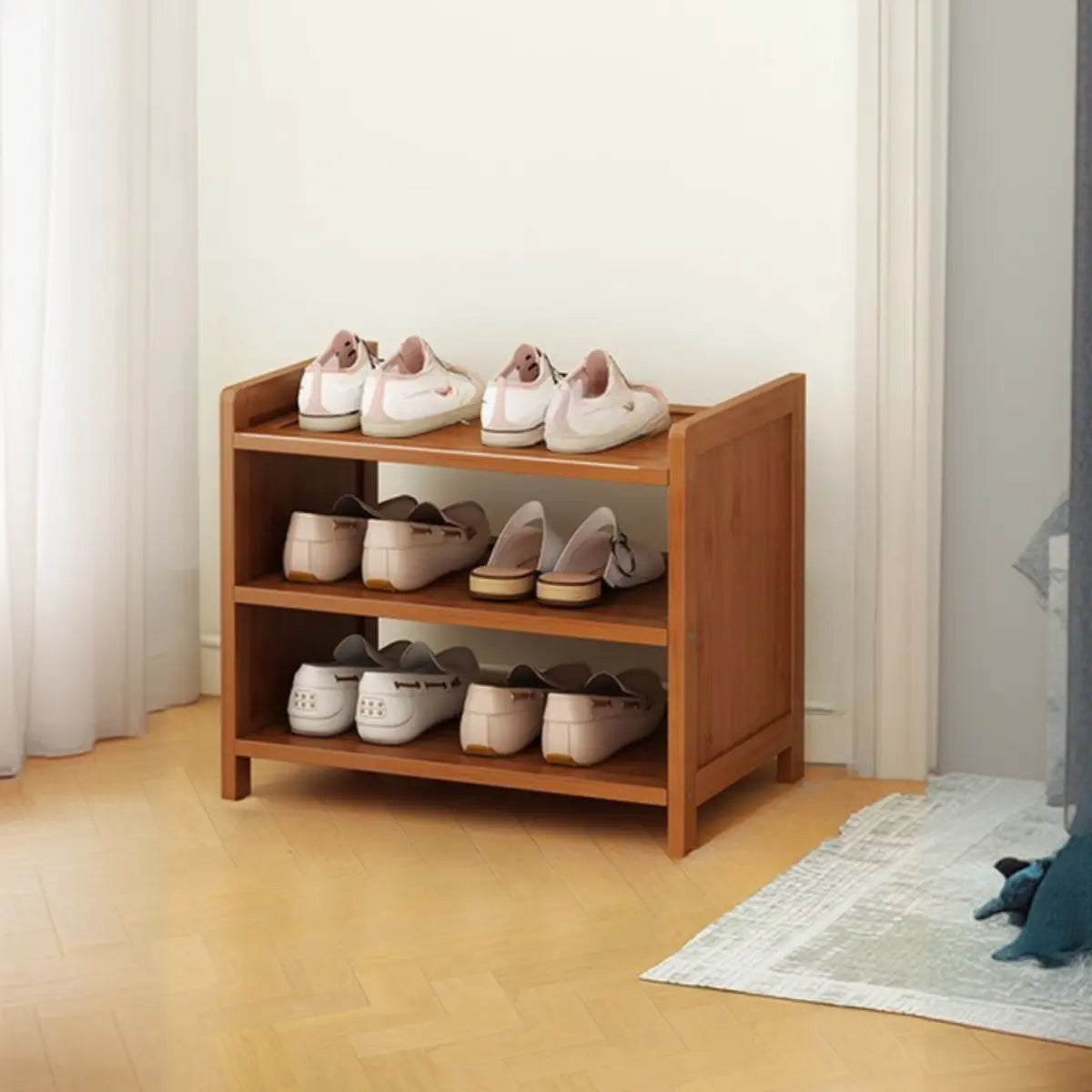 Freestanding Tall Wooden Entryway Brown Storage Shoe Rack Image - 14