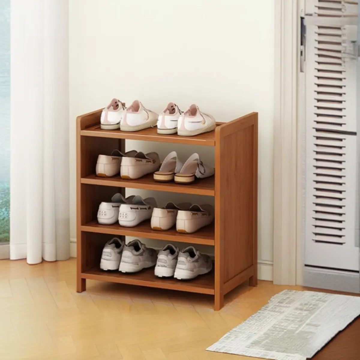 Freestanding Tall Wooden Entryway Brown Storage Shoe Rack Image - 2