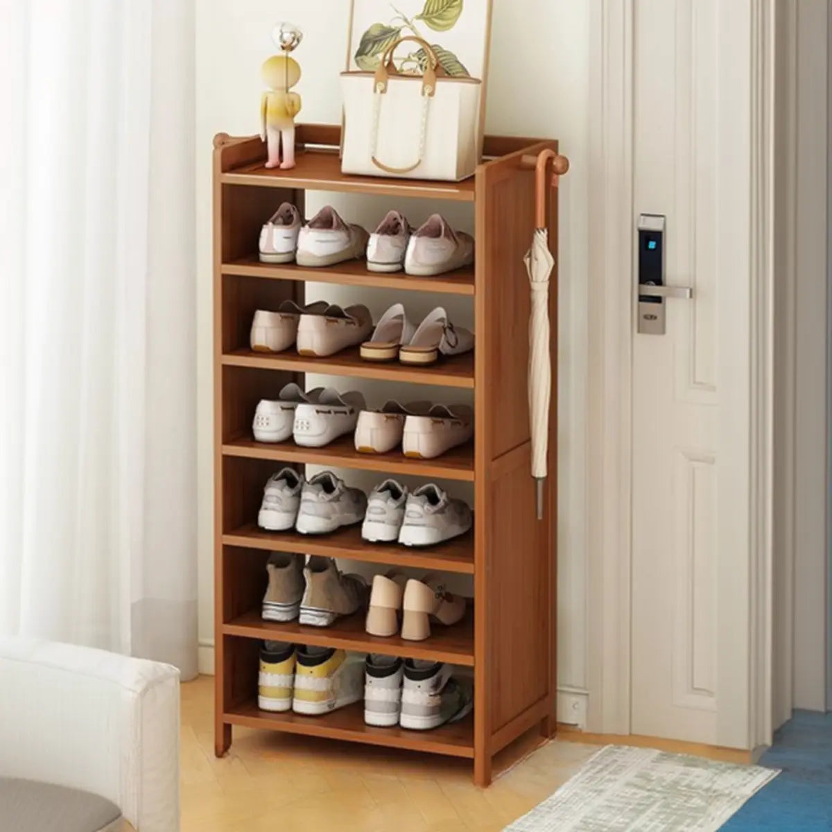 Freestanding Tall Wooden Entryway Brown Storage Shoe Rack Image - 3