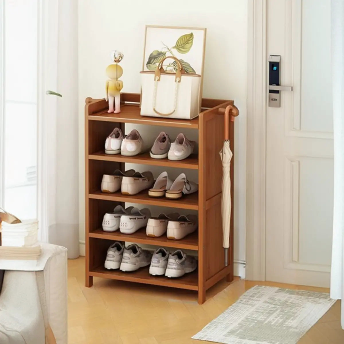 Freestanding Tall Wooden Entryway Brown Storage Shoe Rack Image - 4