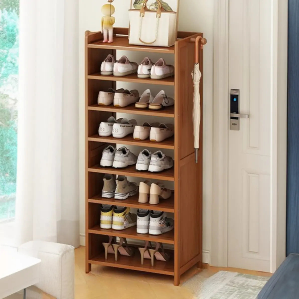 Freestanding Tall Wooden Entryway Brown Storage Shoe Rack Image - 5