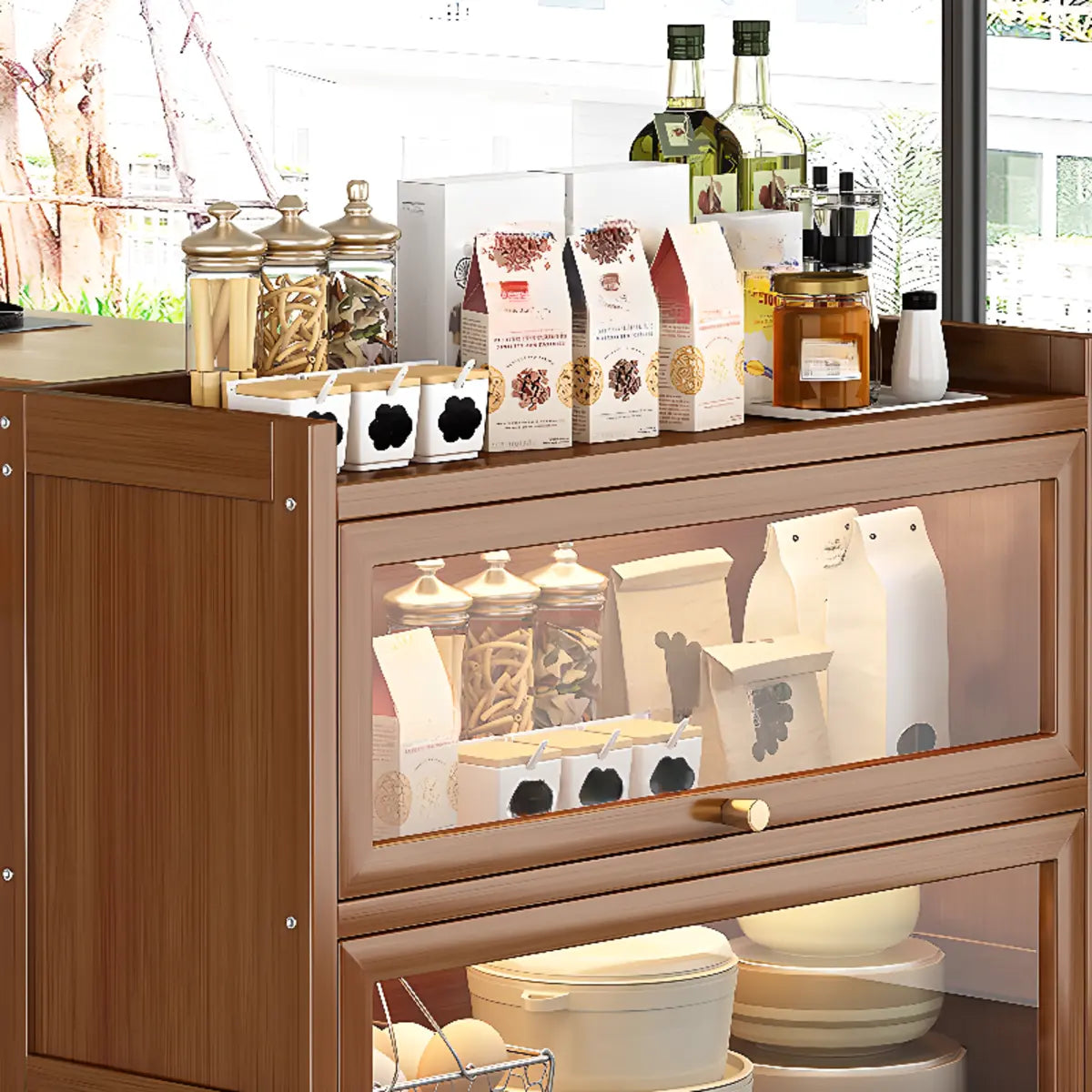 Freestanding Tall Wooden Tan Clear Doors Storage Sideboard Image - 10