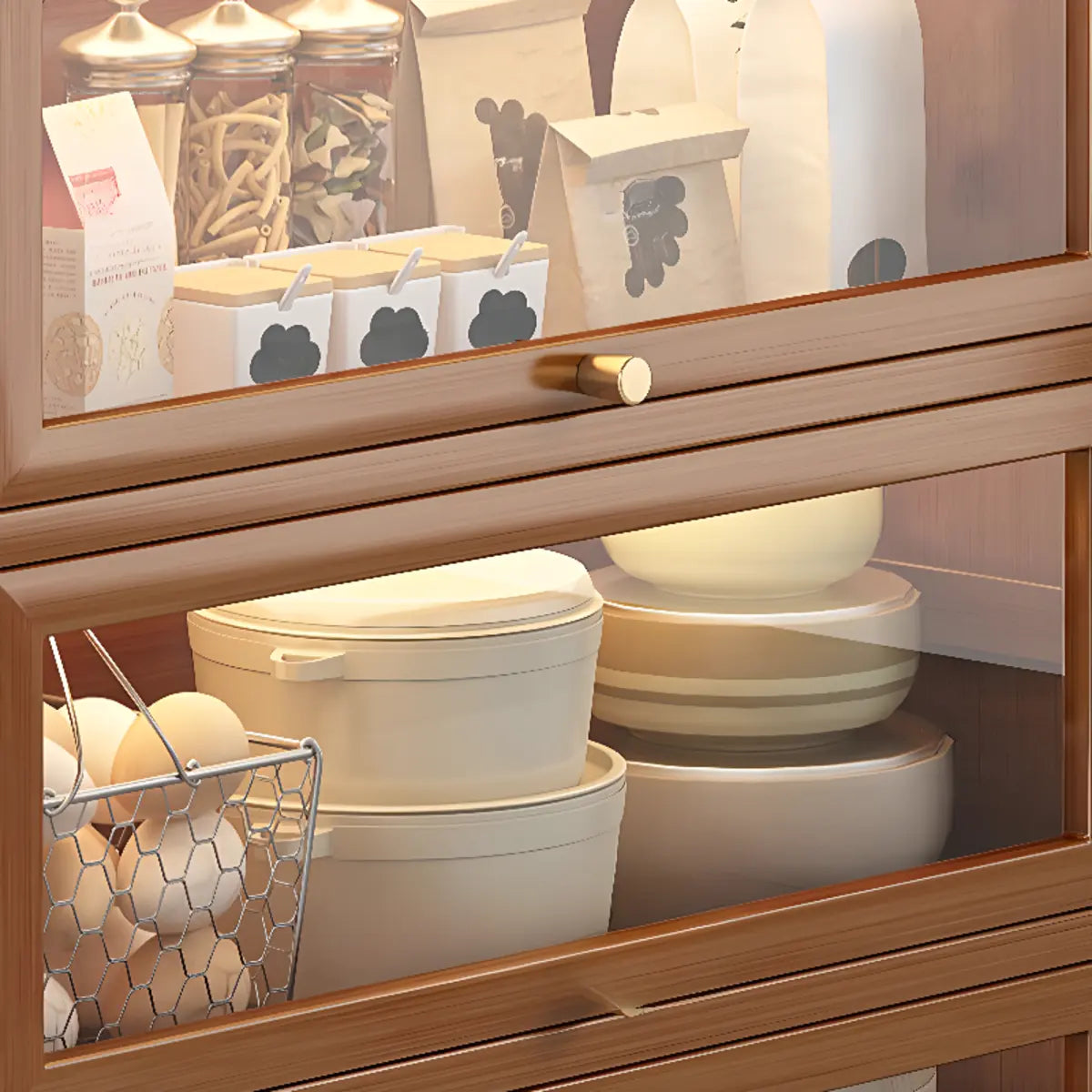 Freestanding Tall Wooden Tan Clear Doors Storage Sideboard Image - 11