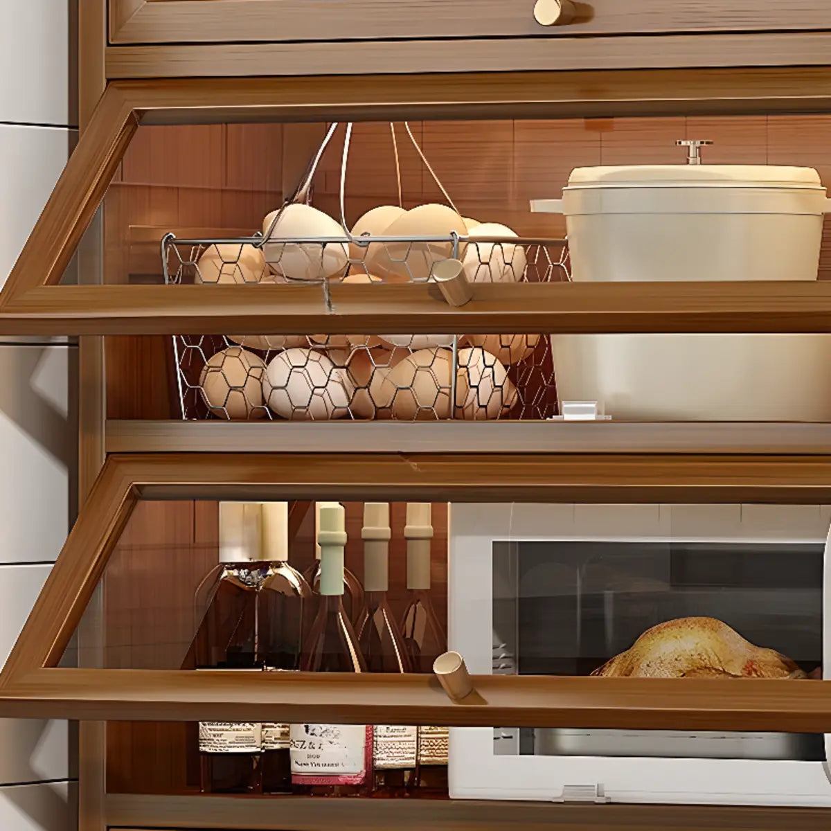 Freestanding Tall Wooden Tan Clear Doors Storage Sideboard Image - 12