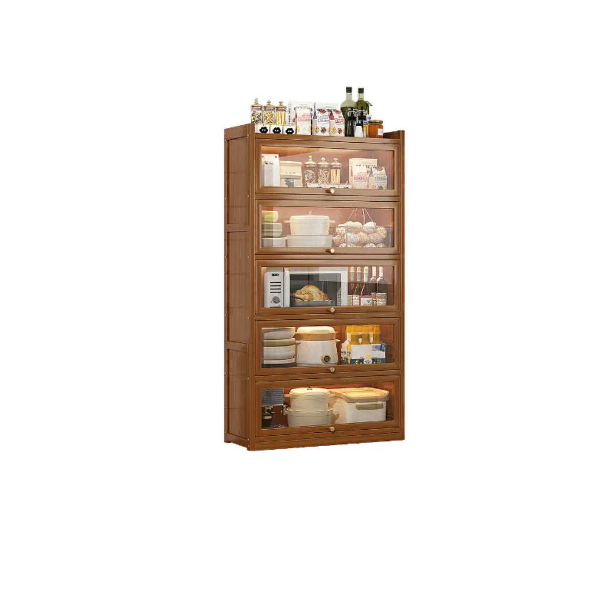 Freestanding Tall Wooden Tan Clear Doors Storage Sideboard Image - 14