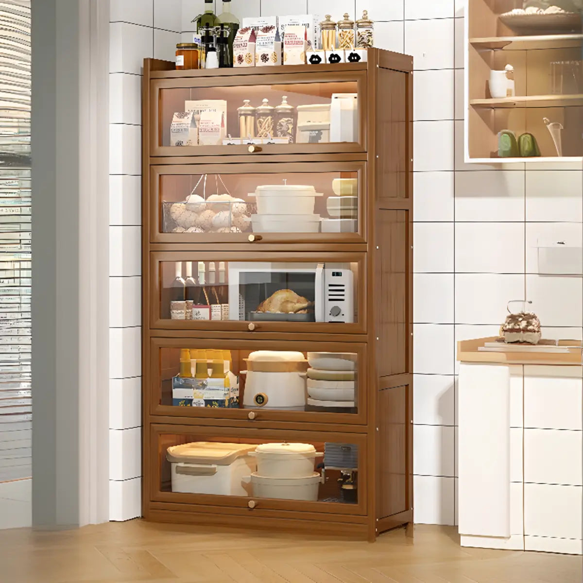 Freestanding Tall Wooden Tan Clear Doors Storage Sideboard Image - 15