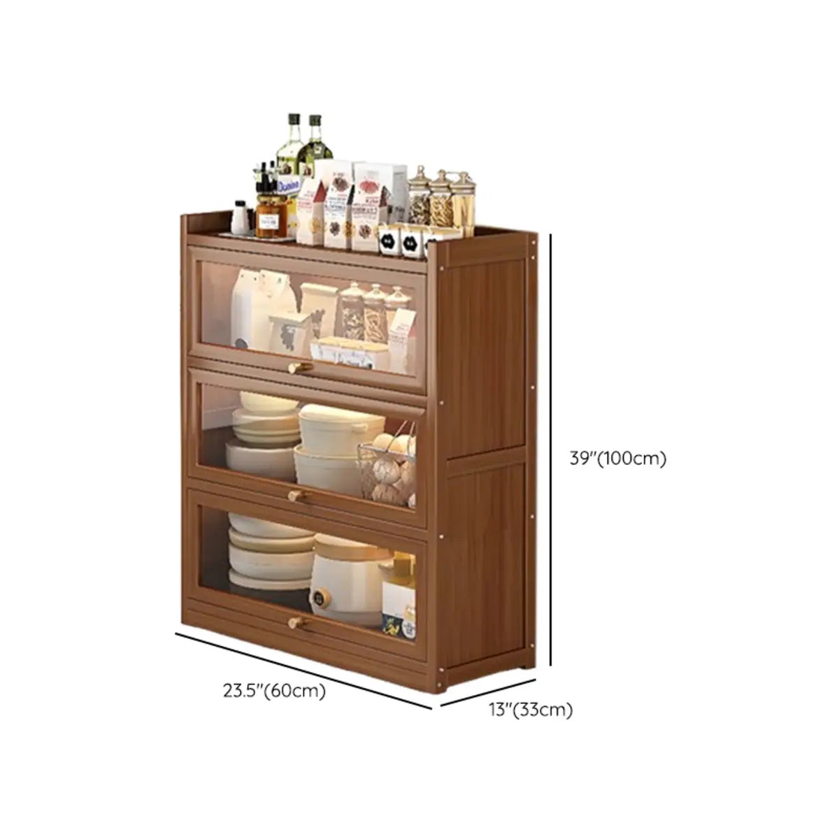 Freestanding Tall Wooden Tan Clear Doors Storage Sideboard Image - 23