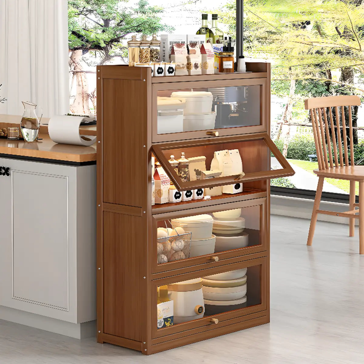 Freestanding Tall Wooden Tan Clear Doors Storage Sideboard Image - 3