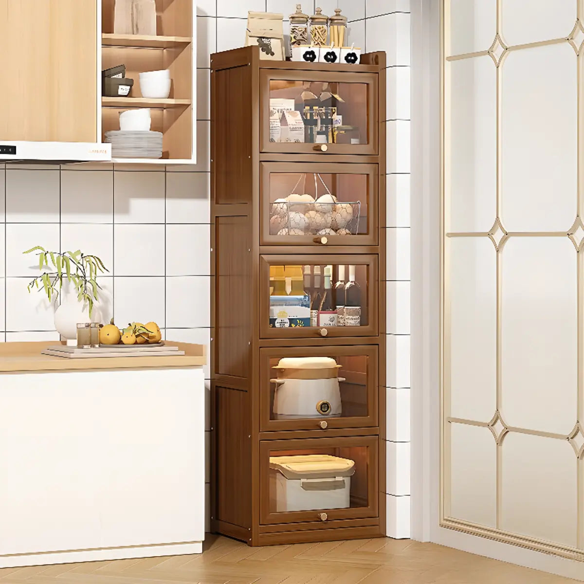 Freestanding Tall Wooden Tan Clear Doors Storage Sideboard Image - 4