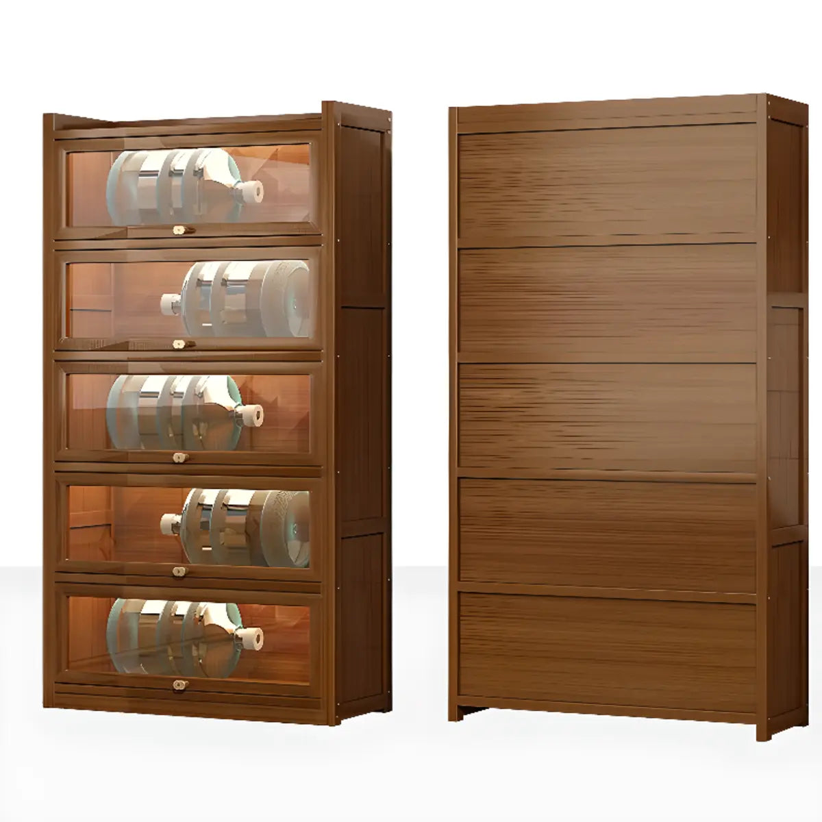 Freestanding Tall Wooden Tan Clear Doors Storage Sideboard Image - 5