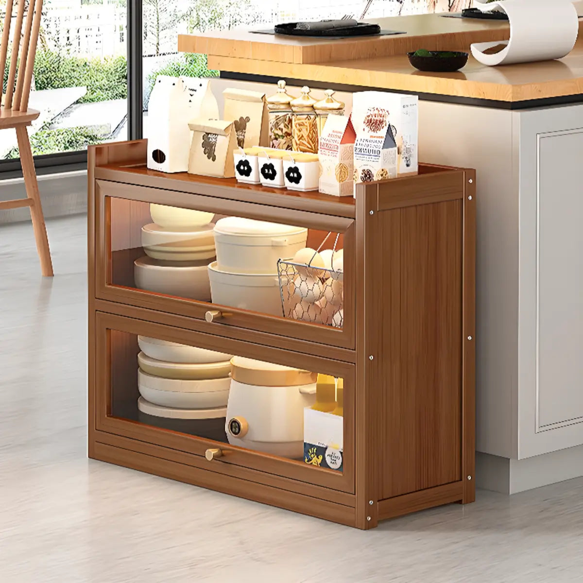 Freestanding Tall Wooden Tan Clear Doors Storage Sideboard Image - 6