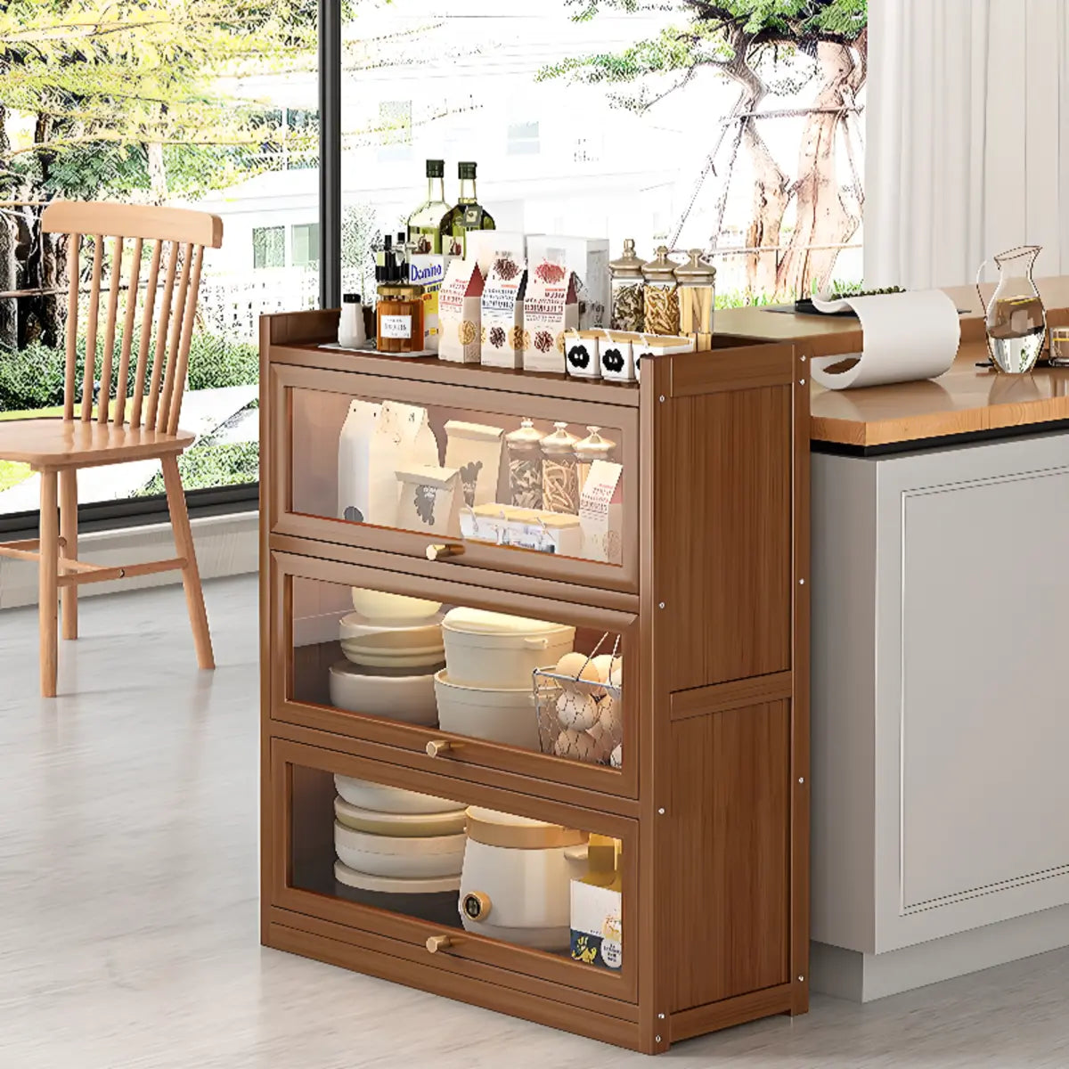 Freestanding Tall Wooden Tan Clear Doors Storage Sideboard Image - 8