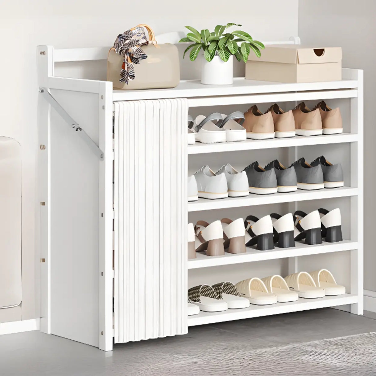 Freestanding Wood Entryway White Foldable Shoe Storage Image - 10