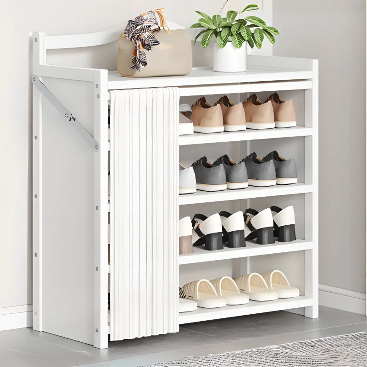 Freestanding Wood Entryway White Foldable Shoe Storage Image - 11