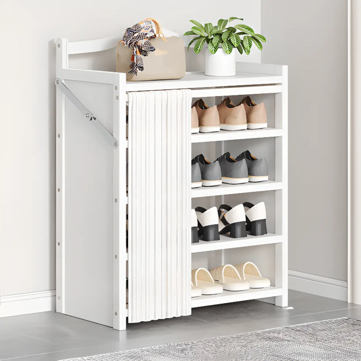 Freestanding Wood Entryway White Foldable Shoe Storage Image - 12