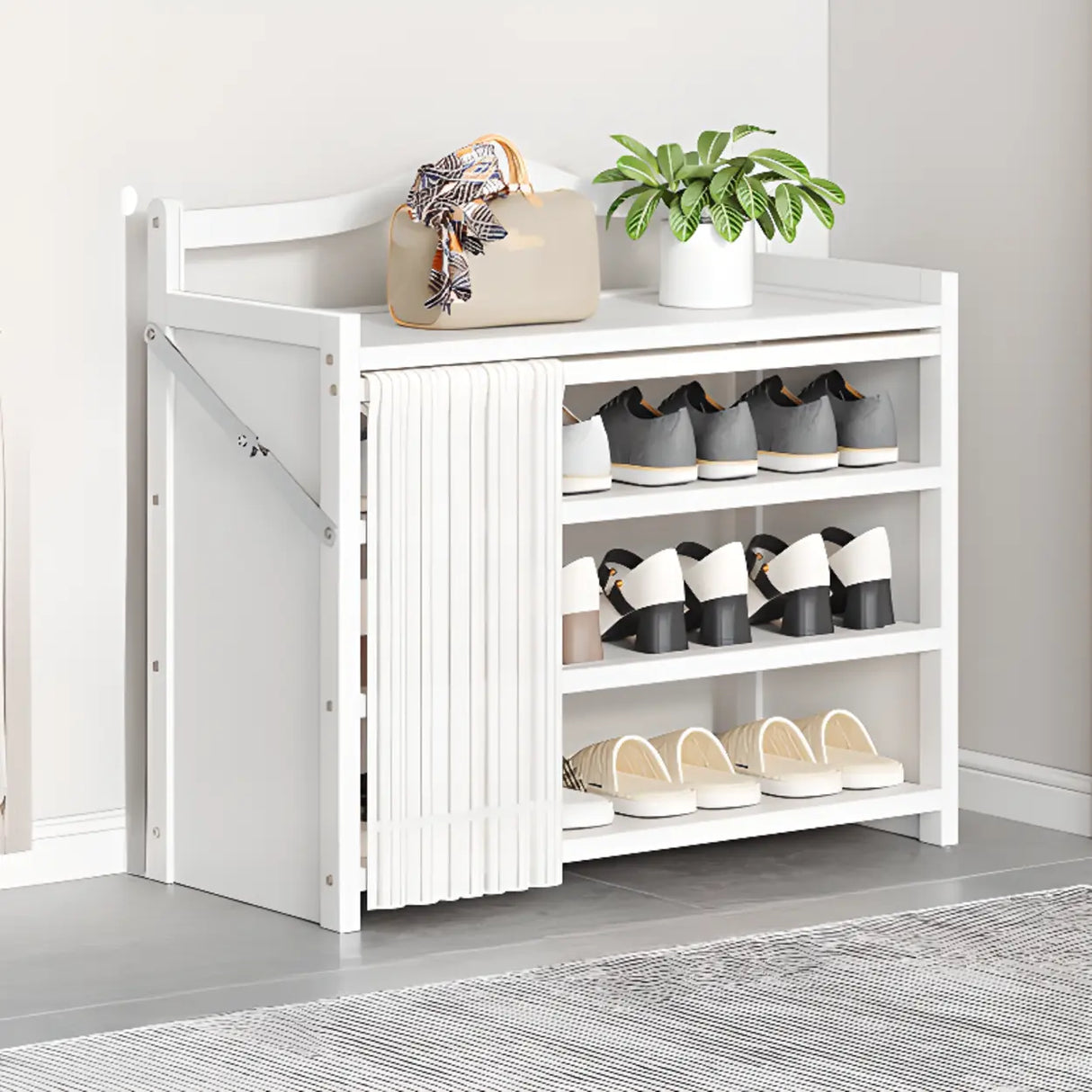 Freestanding Wood Entryway White Foldable Shoe Storage Image - 13