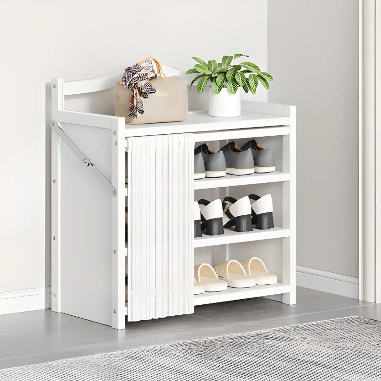 Freestanding Wood Entryway White Foldable Shoe Storage Image - 14