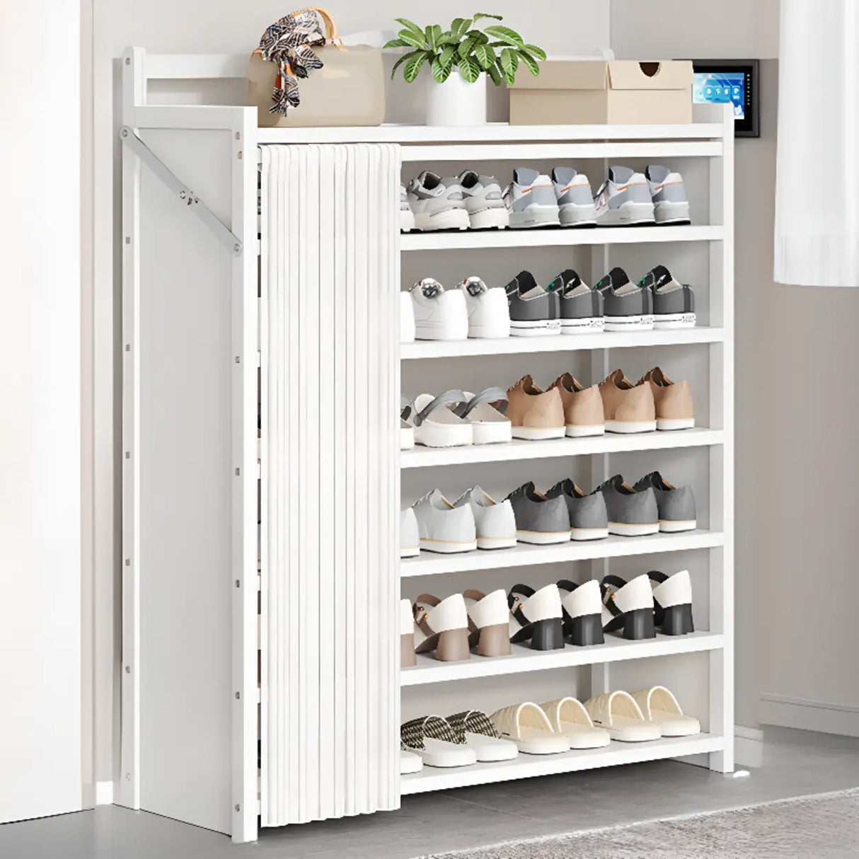 Freestanding Wood Entryway White Foldable Shoe Storage Image - 15