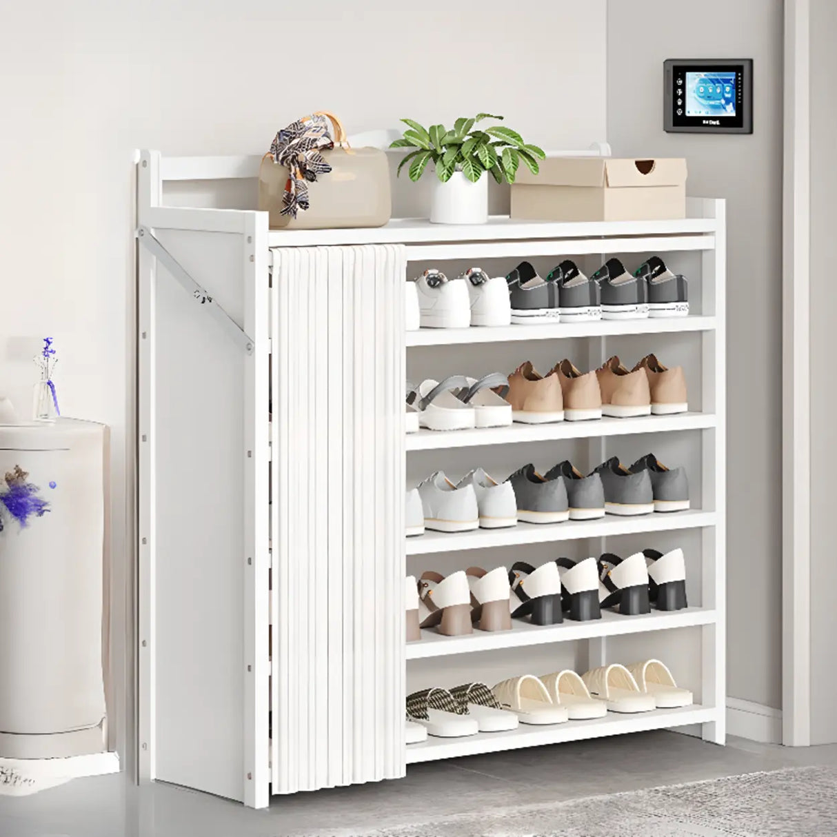 Freestanding Wood Entryway White Foldable Shoe Storage Image - 5