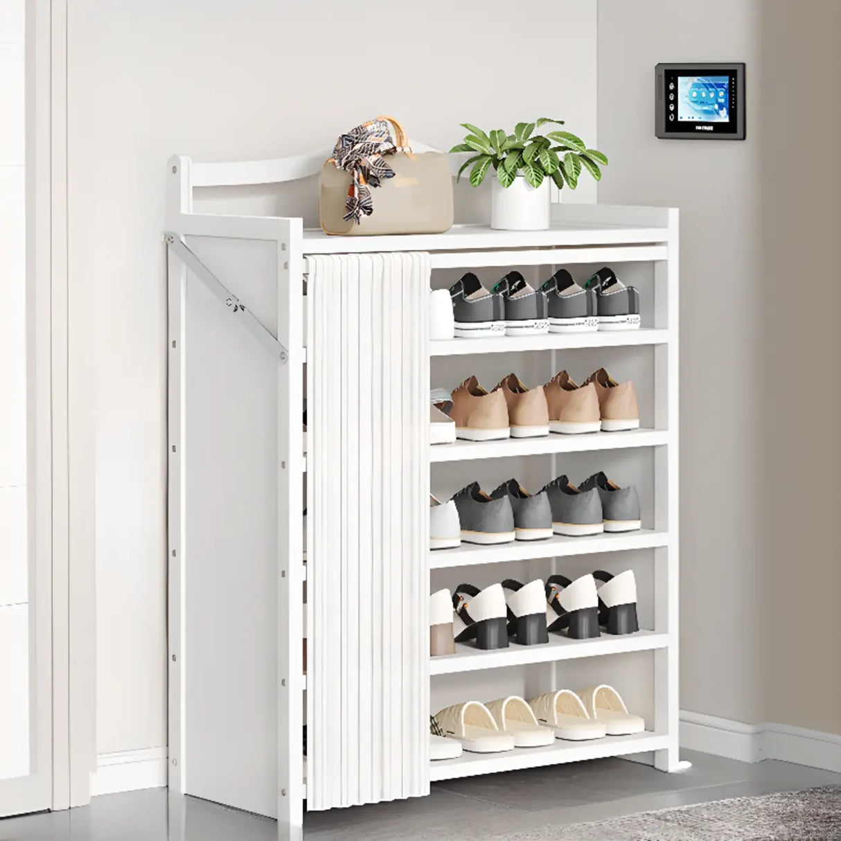 Freestanding Wood Entryway White Foldable Shoe Storage Image - 7