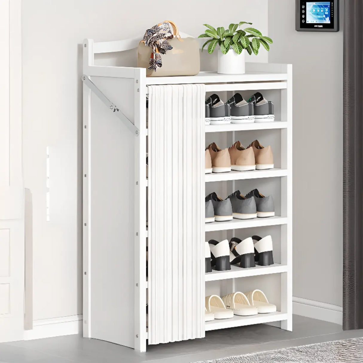 Freestanding Wood Entryway White Foldable Shoe Storage Image - 9