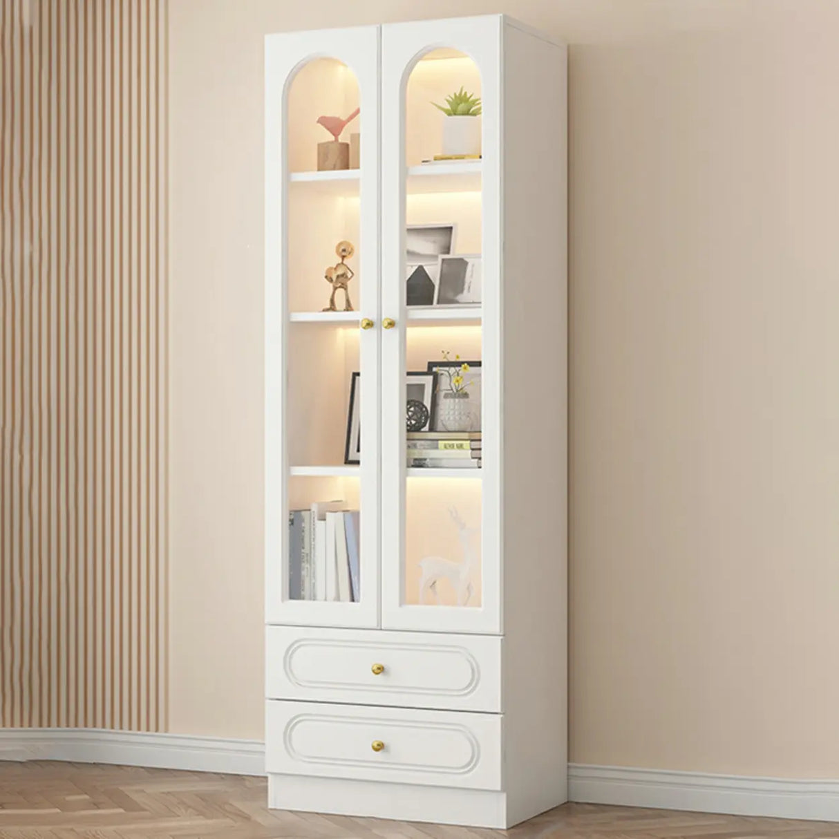 French Closed Cabinet White Elegant Arch Wood Bookcase Image - 2