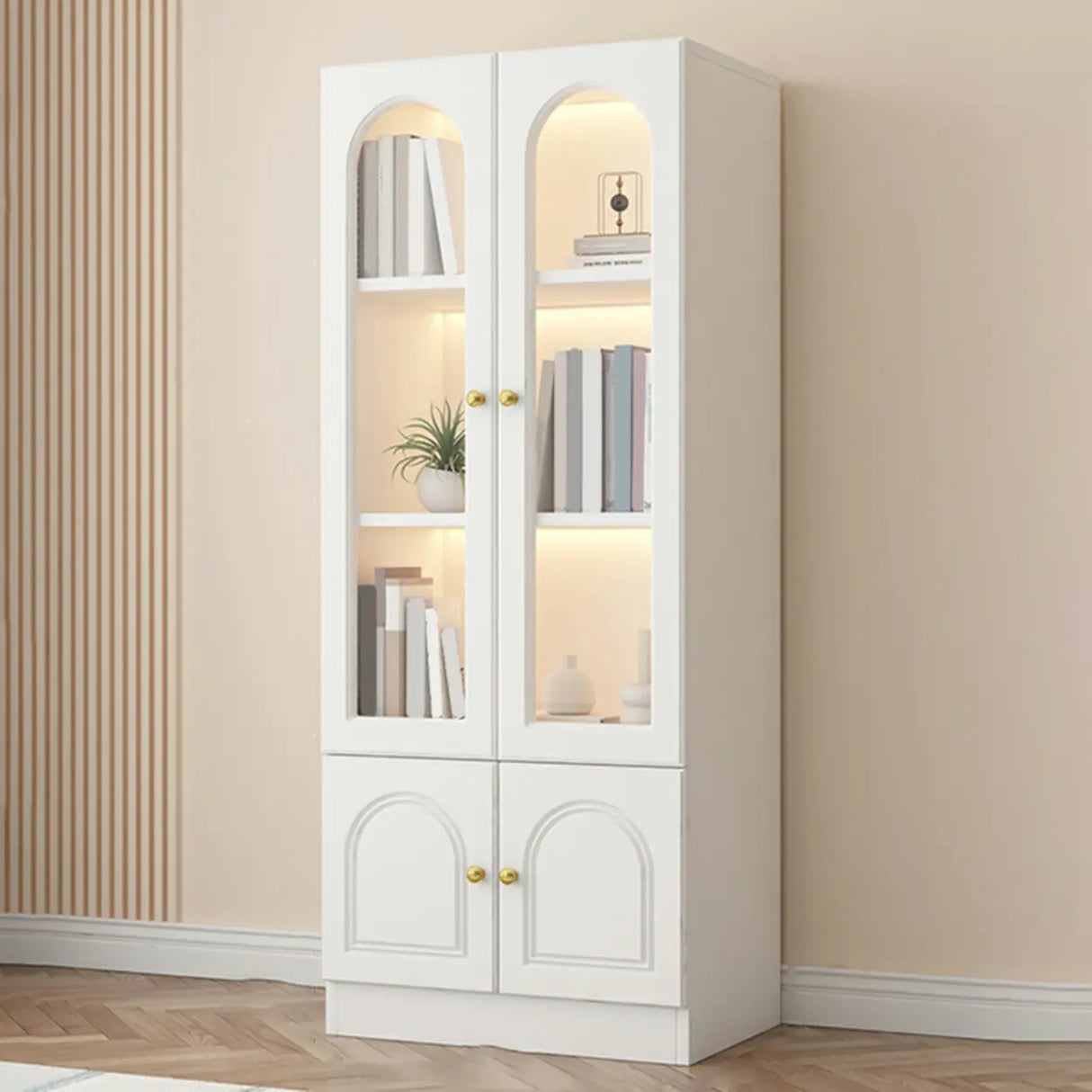 French Closed Cabinet White Elegant Arch Wood Bookcase Image - 5