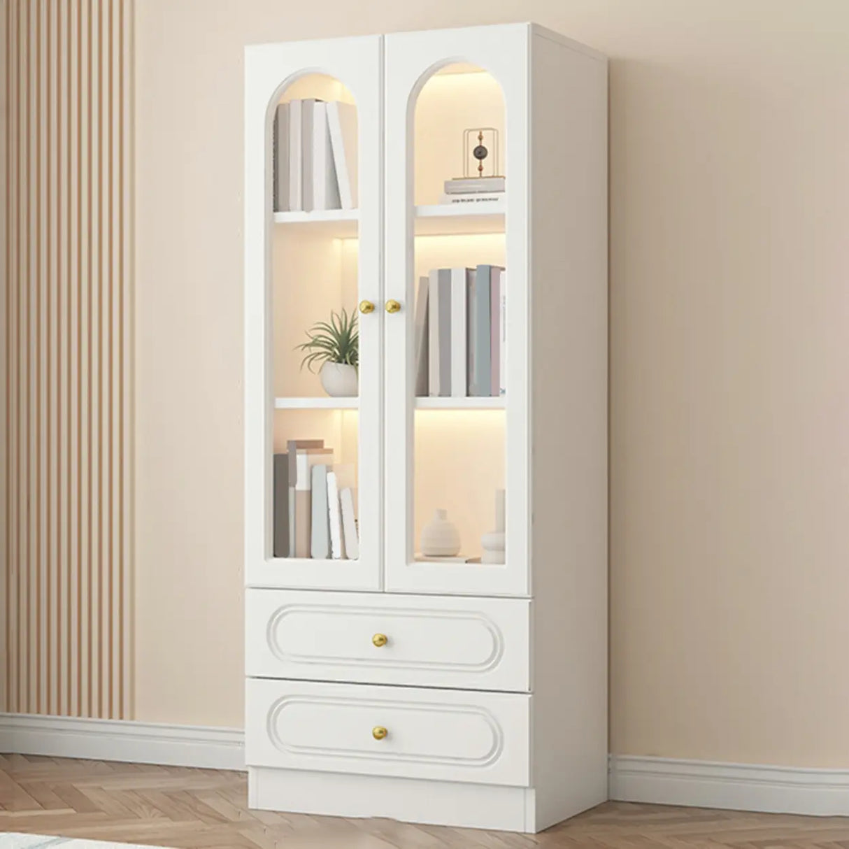 French Closed Cabinet White Elegant Arch Wood Bookcase Image - 7