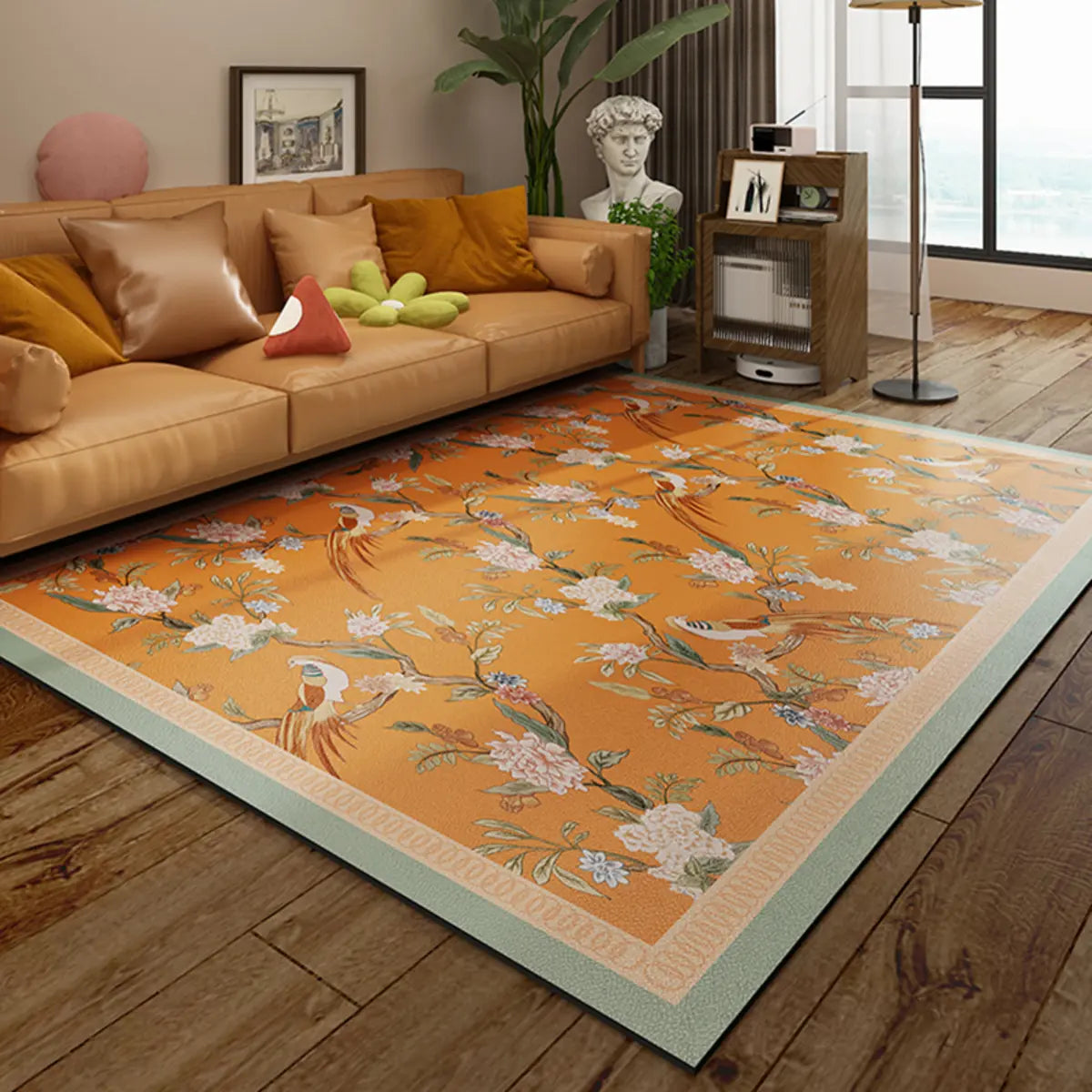 French Country Floral Polyester Orange Area Rug Image - 1