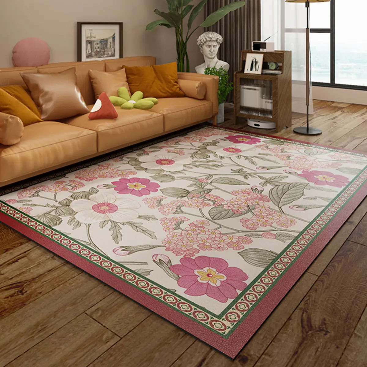 French Country Floral Polyester Orange Area Rug Image - 2