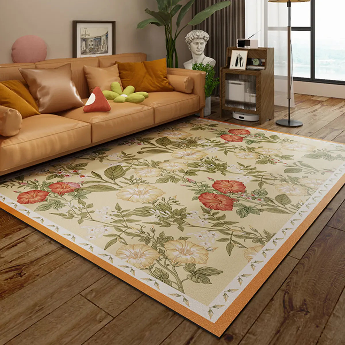 French Country Floral Polyester Orange Area Rug Image - 3