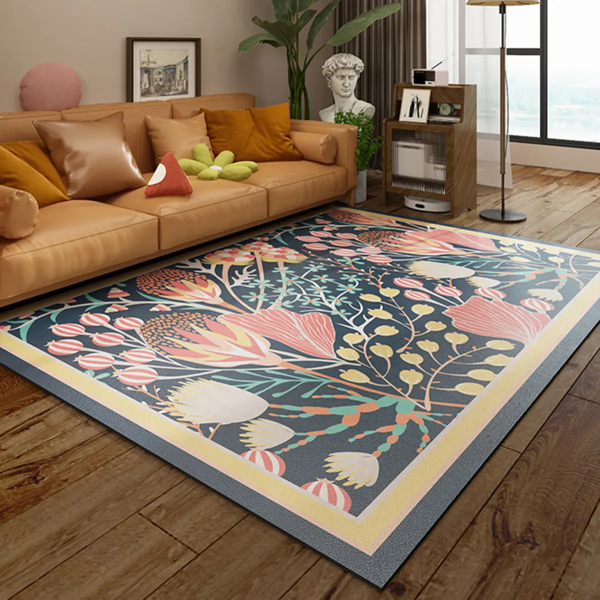 French Country Floral Polyester Orange Area Rug Image - 4