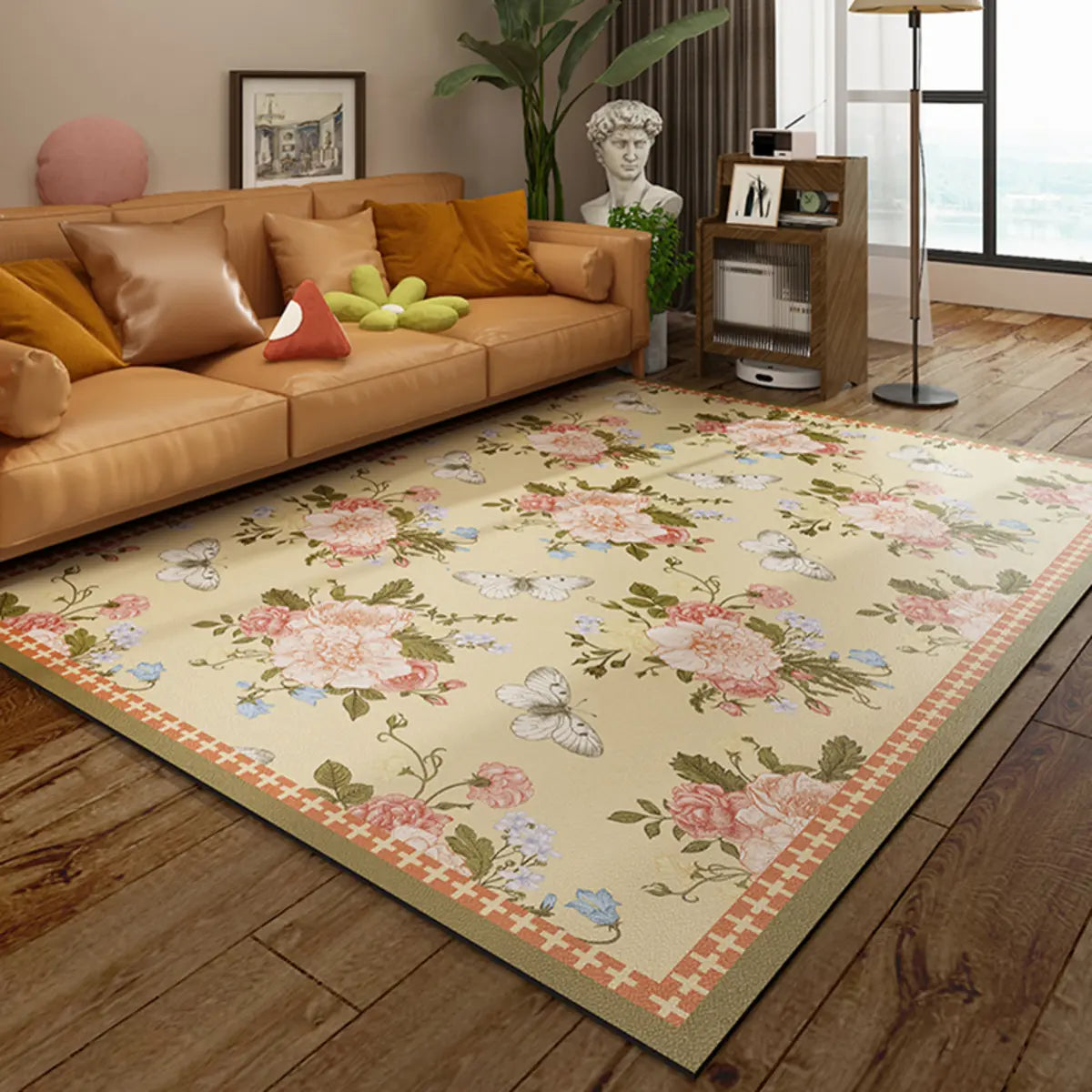 French Country Floral Polyester Orange Area Rug Image - 9