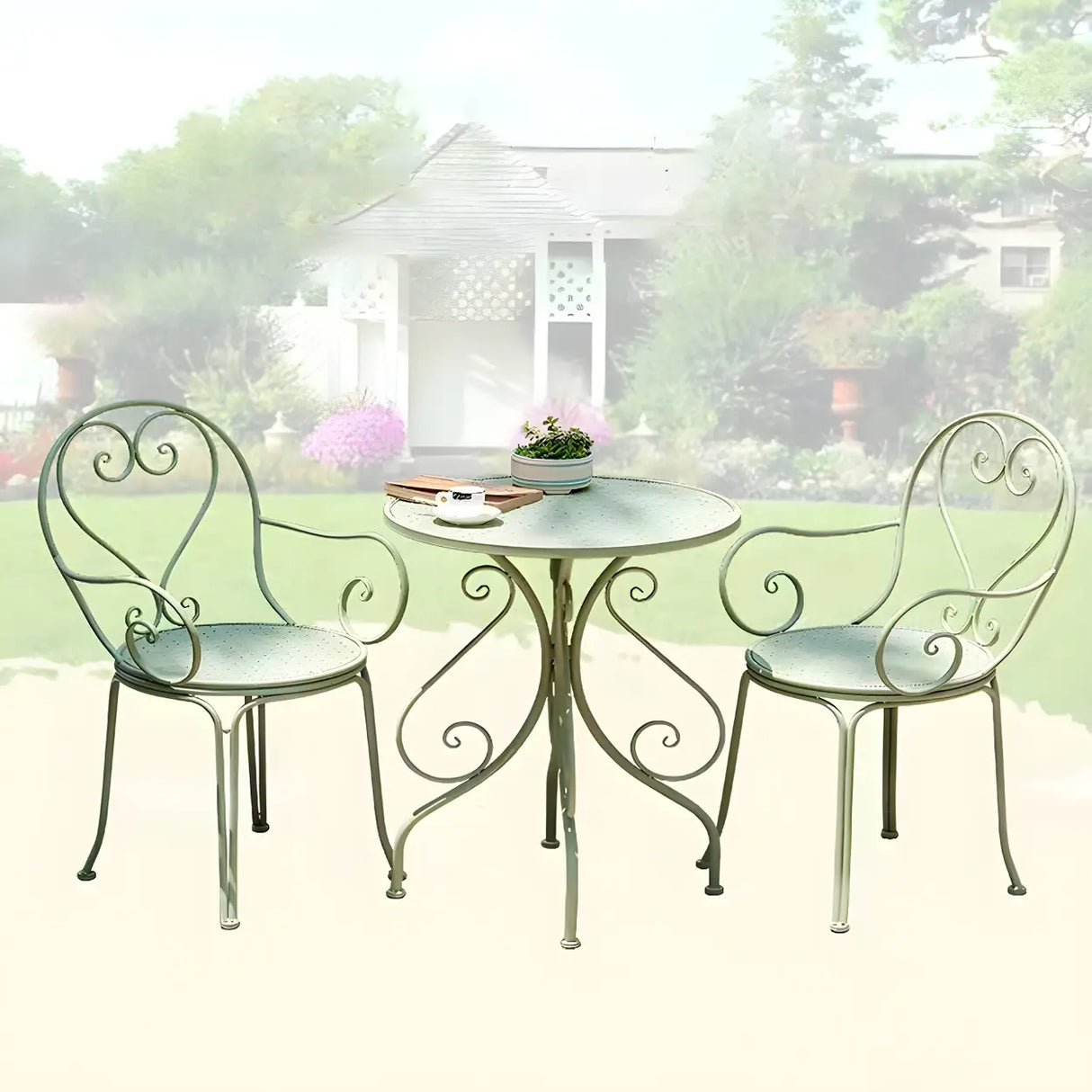French Country Iron Round Weatherproof Patio Dining Set Image - 14