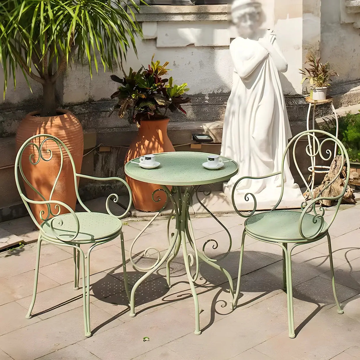French Country Iron Round Weatherproof Patio Dining Set Image - 2